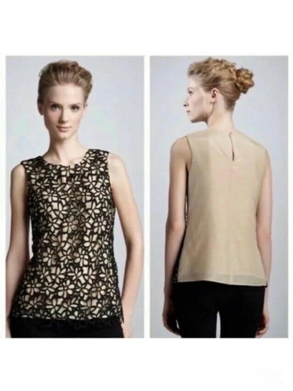 Lela Rose Target Neiman Marcus Tan Black Floral Lace Cotton‎ Silk Blouse Top S